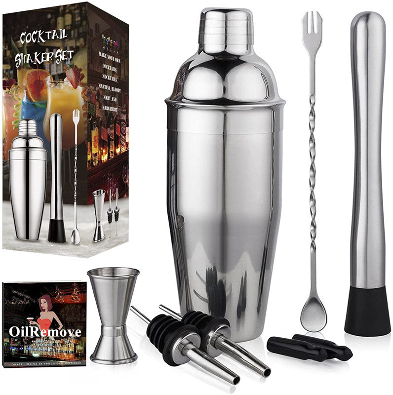 OilRemove Cocktail Shaker Set - Stainless Steel Martini Shaker, Mixing Spoon, Muddler, Measuring Jigger, Liquor Pourers with Dust Caps and Manual of Recipes, Professional Bar Tools