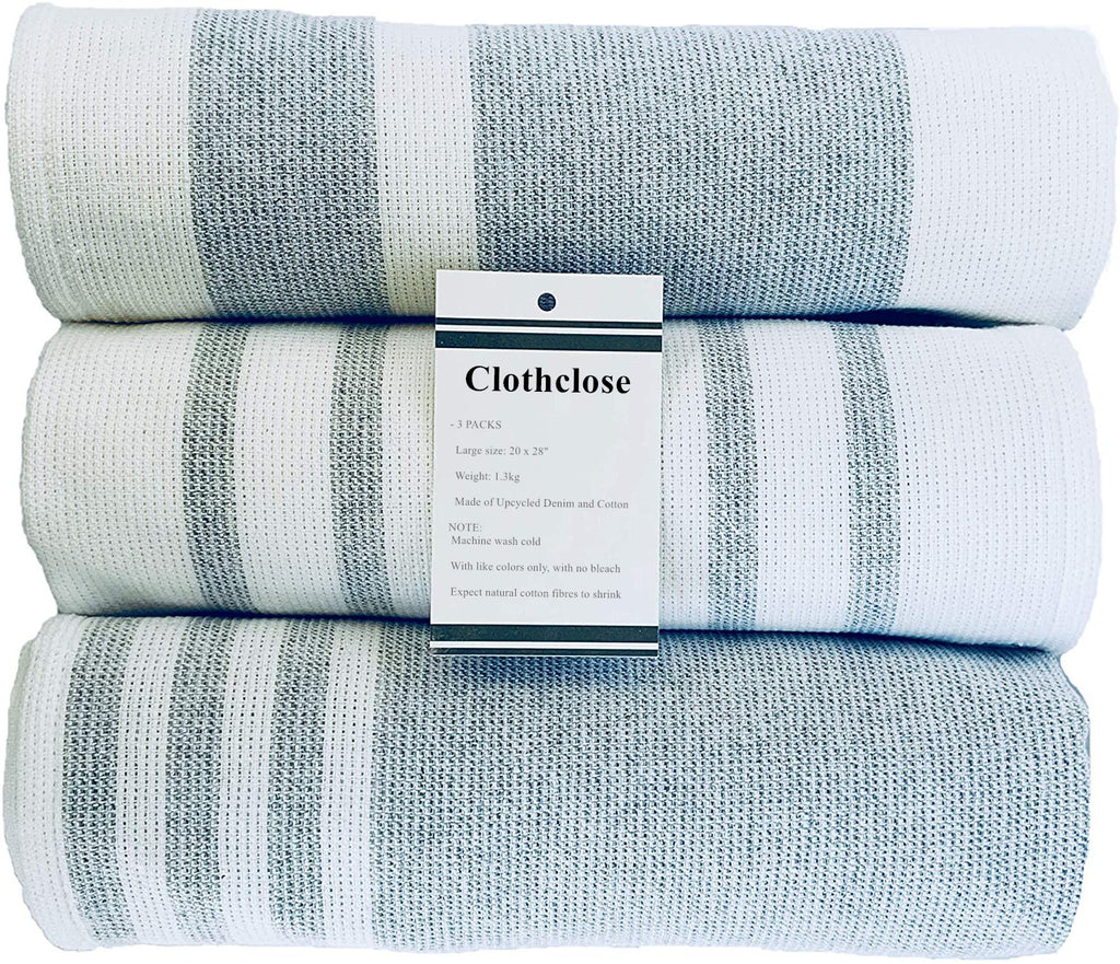 Clothclose Dish Towels Cotton Kitchen Towels | Super Absorbent Weave | Made with Upcycled Denim and Cotton | Set of 3, 20 x 28 in. Zero Waste Unpaper Towels Kitchen Towels and Dishcloths Sets